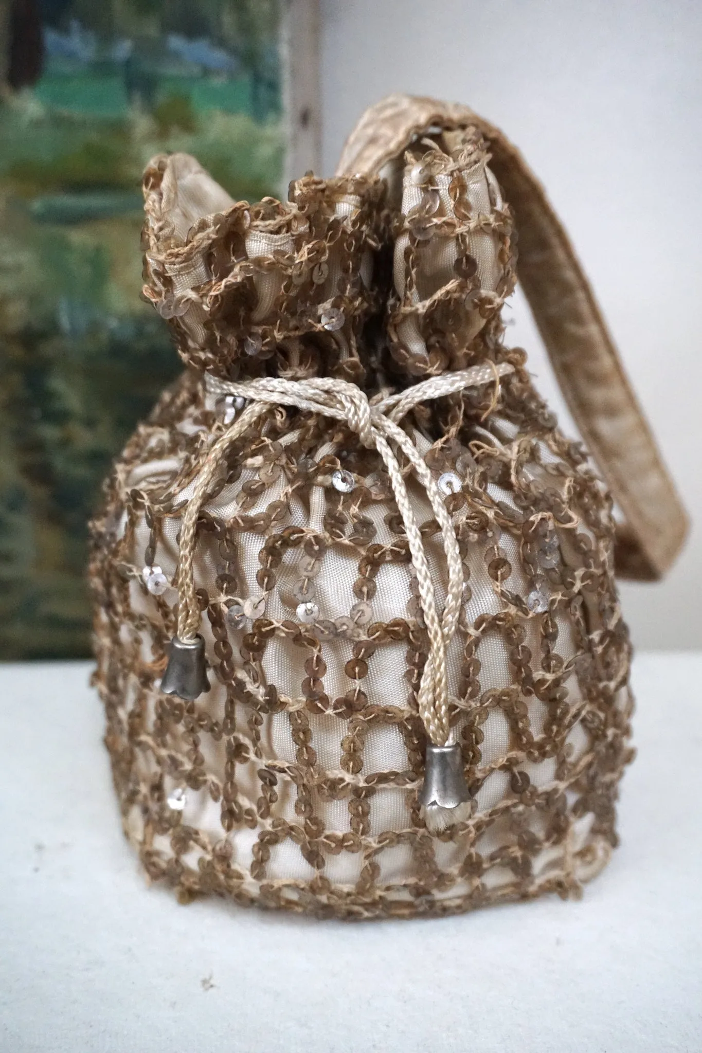 19th Century French Sequinned Drawstring Bag