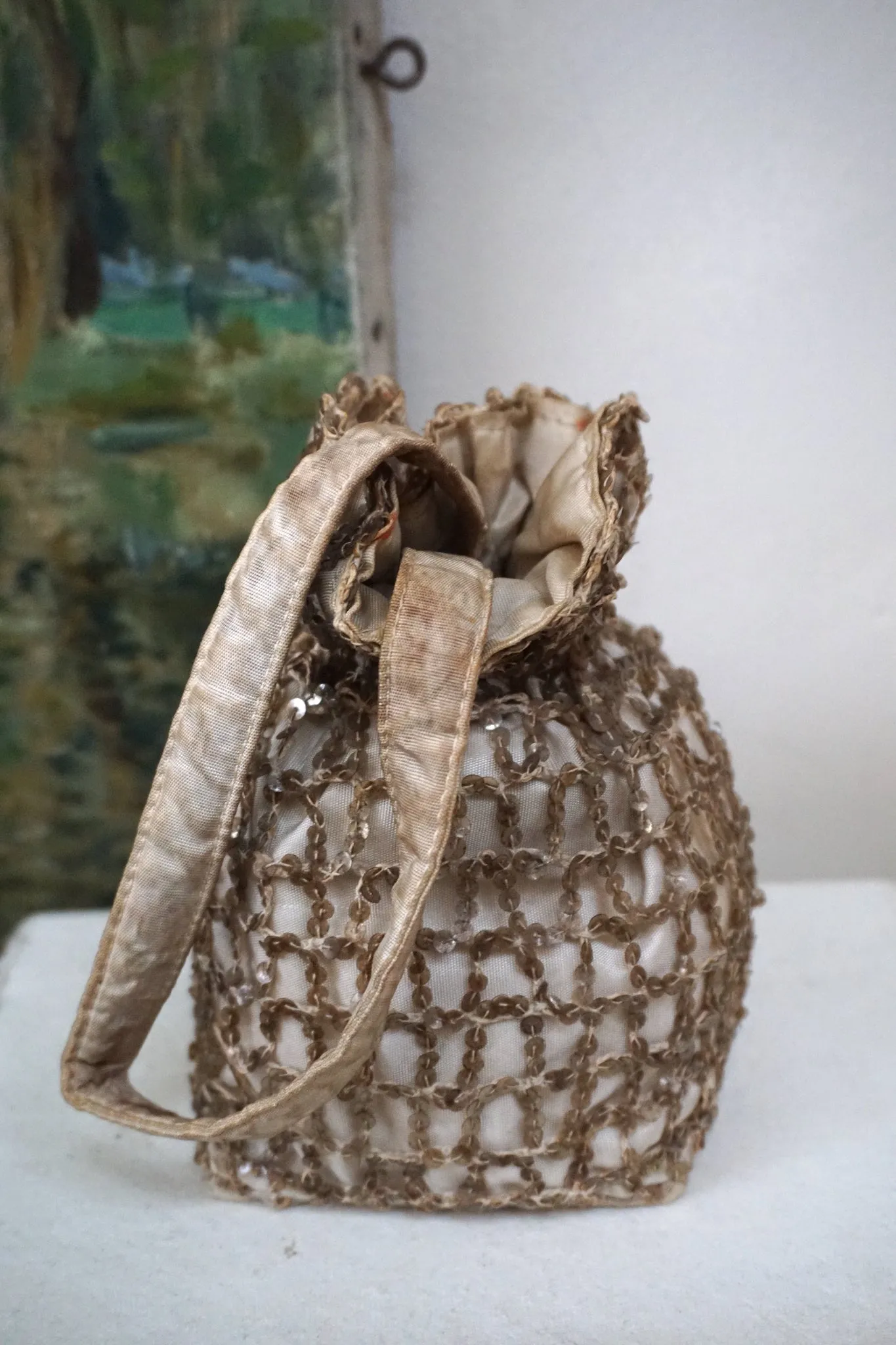 19th Century French Sequinned Drawstring Bag