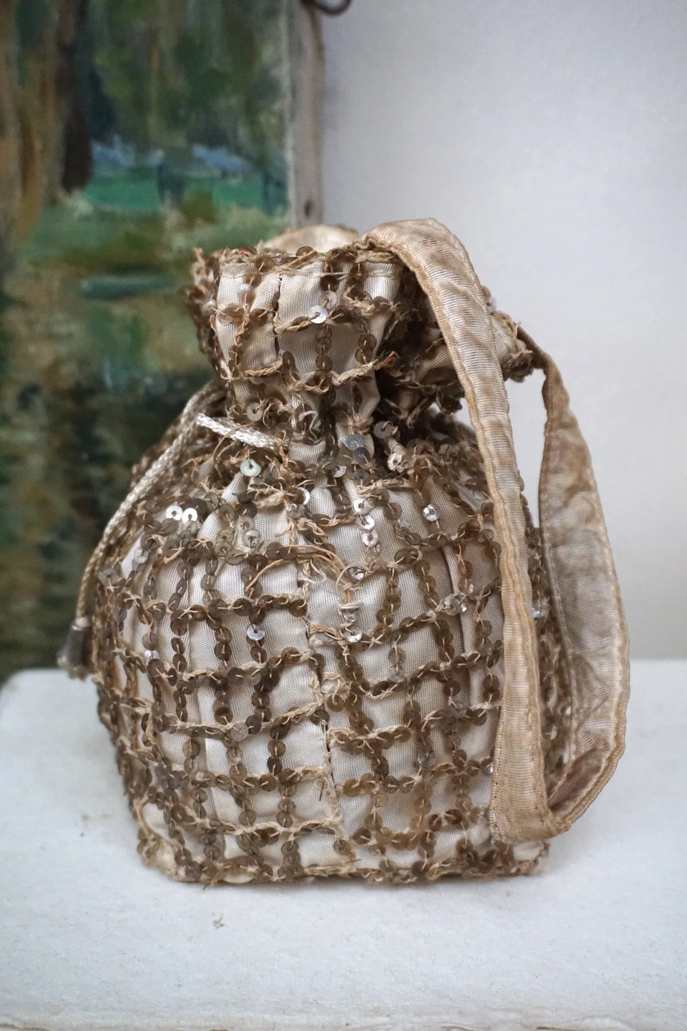 19th Century French Sequinned Drawstring Bag