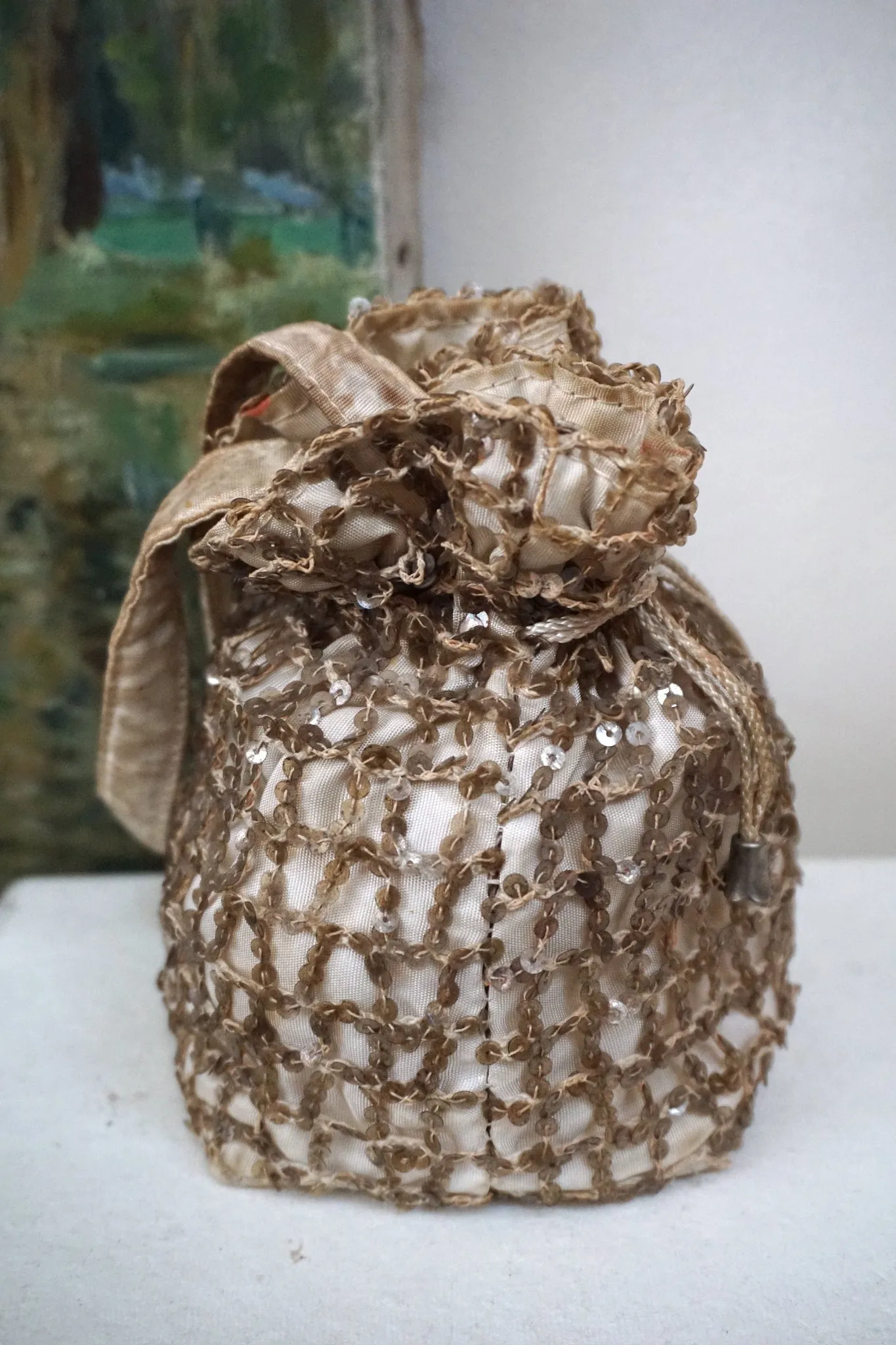 19th Century French Sequinned Drawstring Bag