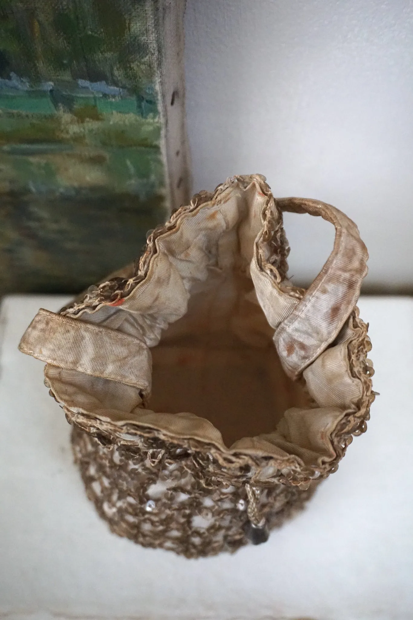 19th Century French Sequinned Drawstring Bag