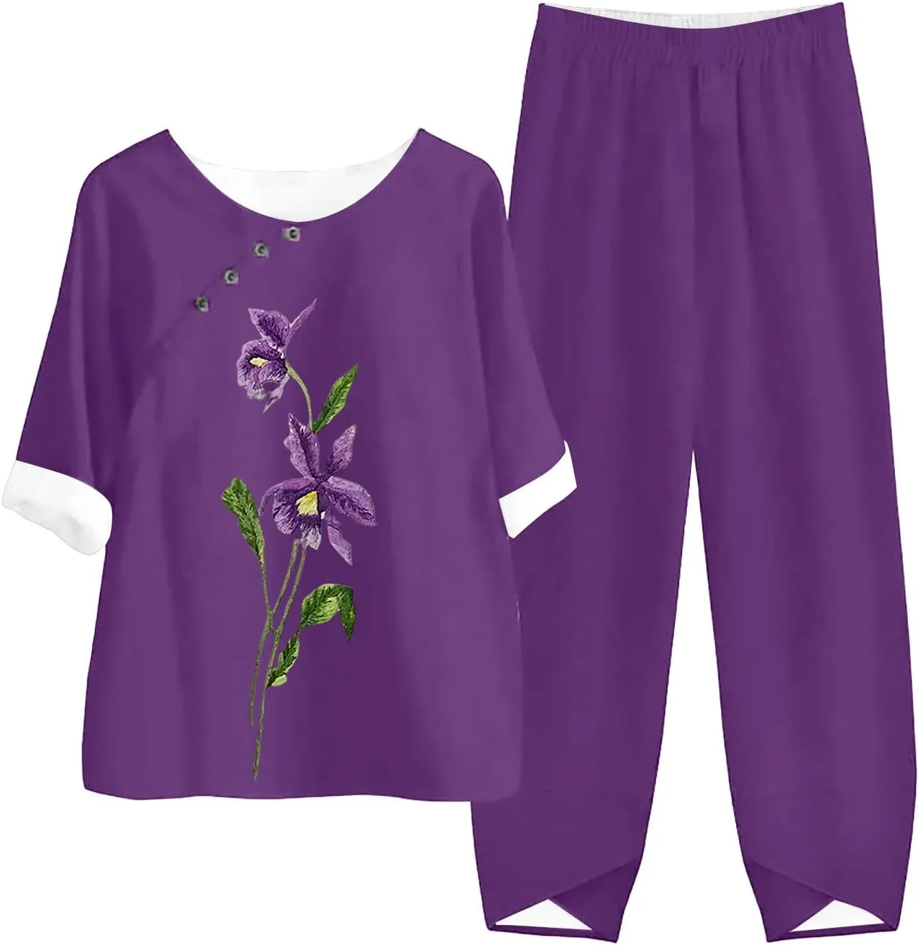 2 Piece Linen Set for Women Long Pants Baggy Loose Cotton Linen Tops 3/4 Sleeve Plus Size Summer Outfits Casual Sets