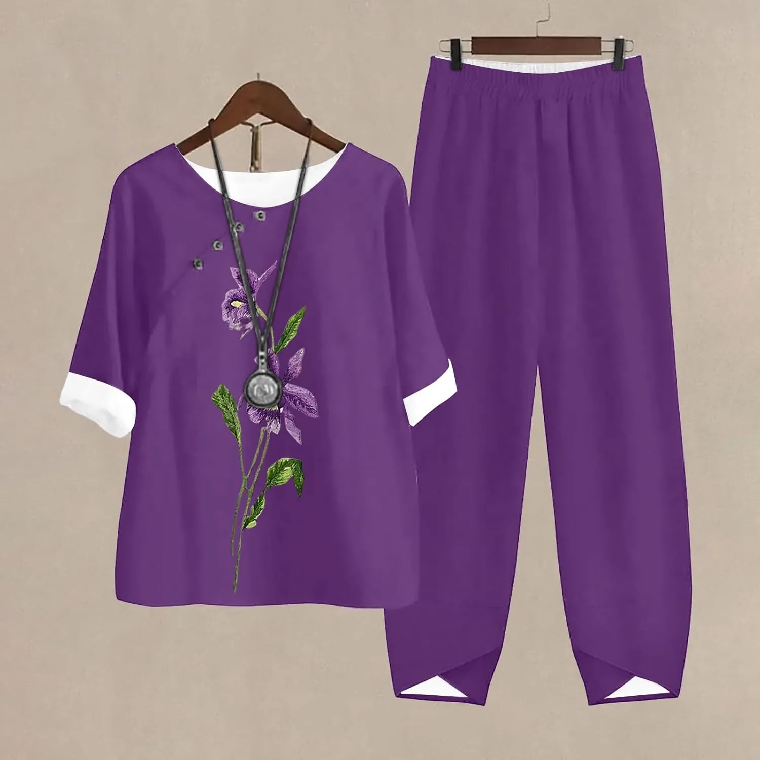 2 Piece Linen Set for Women Long Pants Baggy Loose Cotton Linen Tops 3/4 Sleeve Plus Size Summer Outfits Casual Sets