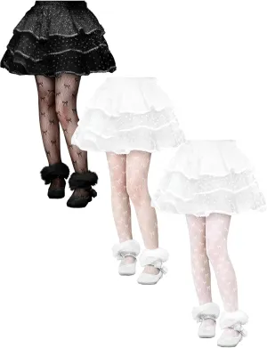 3 Pairs White Black Lace Tights for Girls Toddler Bow Sheer Fishnet Stockings Dance Pantyhose for First Communion