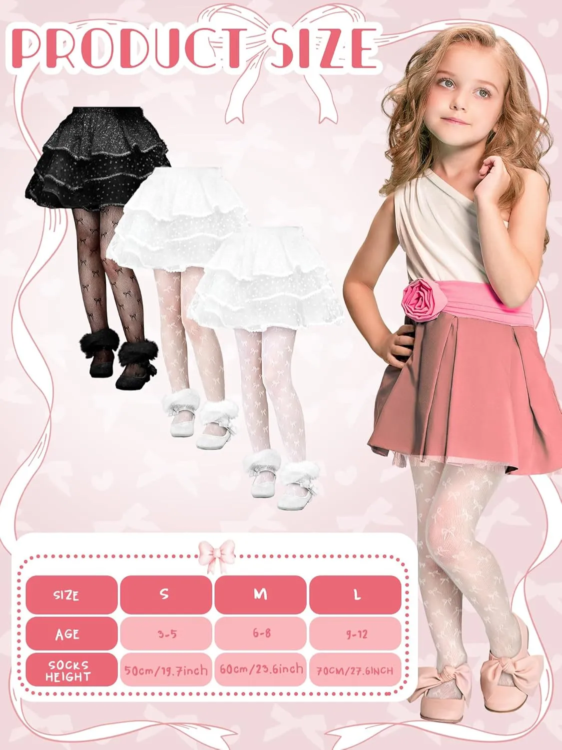 3 Pairs White Black Lace Tights for Girls Toddler Bow Sheer Fishnet Stockings Dance Pantyhose for First Communion