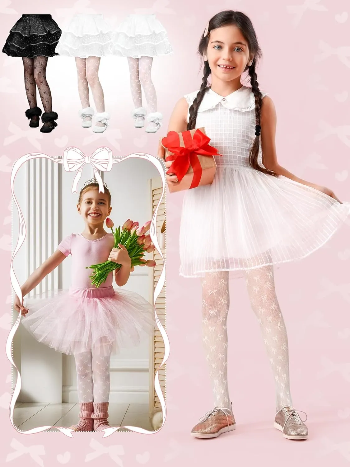 3 Pairs White Black Lace Tights for Girls Toddler Bow Sheer Fishnet Stockings Dance Pantyhose for First Communion