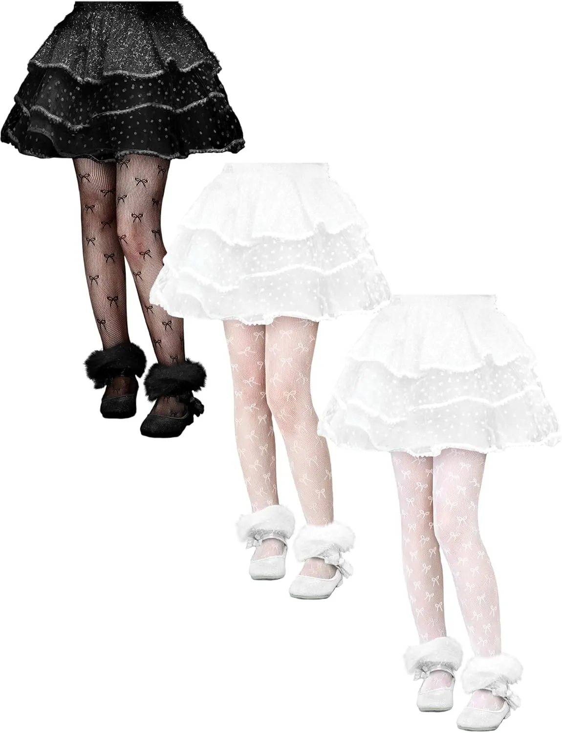 3 Pairs White Black Lace Tights for Girls Toddler Bow Sheer Fishnet Stockings Dance Pantyhose for First Communion