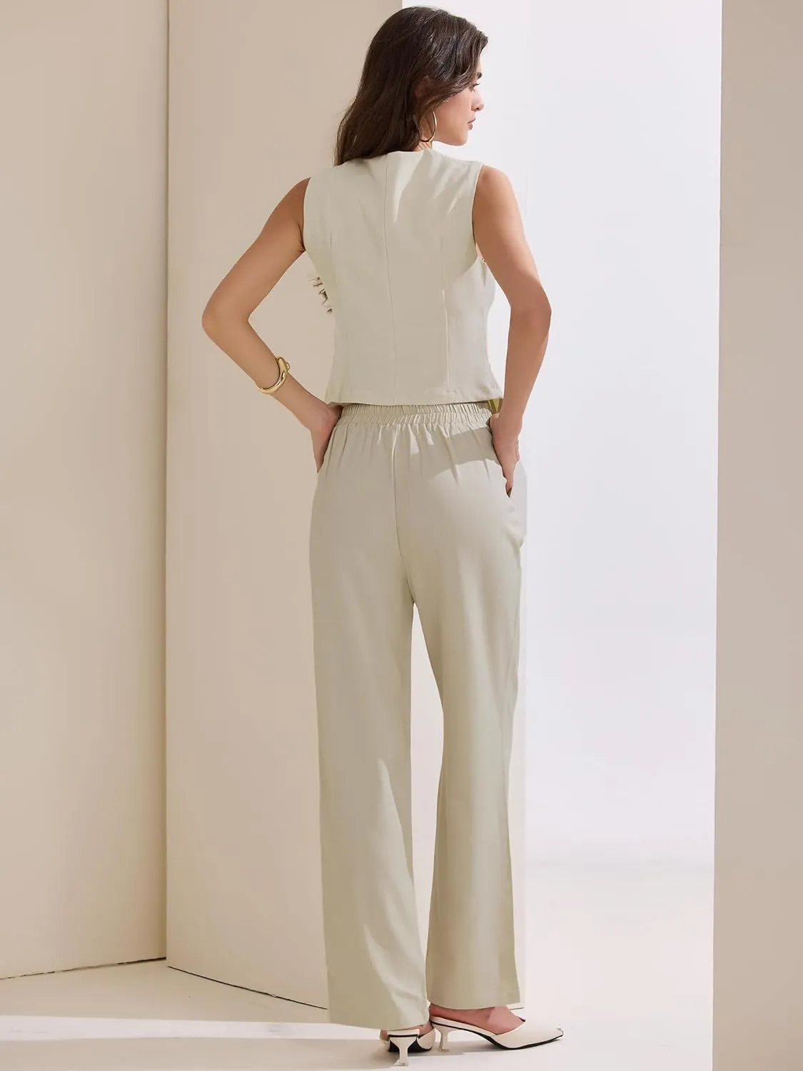 Allegra K Women's Pant Suits 2 Piece Outfit Sleeveless Suit Vest Wide Leg Pants Business Casual Work Blazer Sets