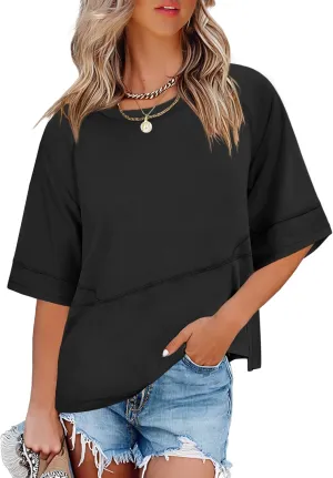 ANRABESS Womens Tops Crewneck Half Sleeve Loose Fit T Shirts Solid Cute Flowy Shirts Summer Casual Tees 2025 Trendy Outfits