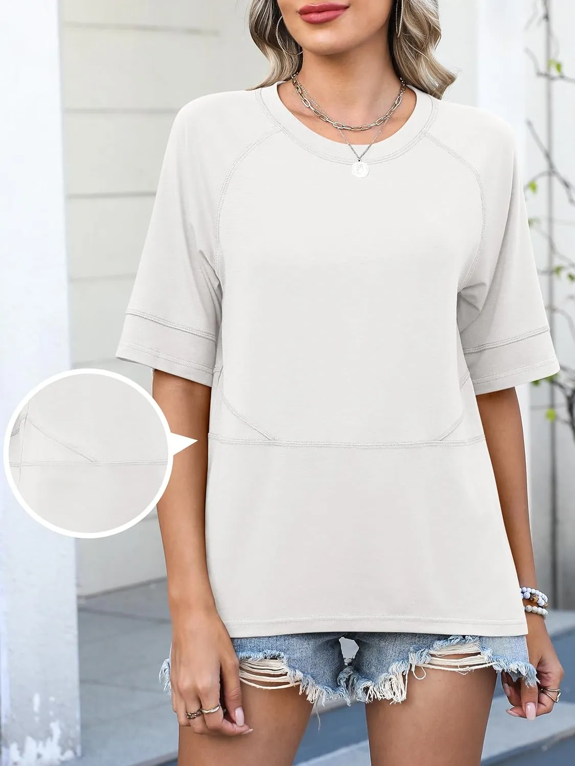 ANRABESS Womens Tops Crewneck Half Sleeve Loose Fit T Shirts Solid Cute Flowy Shirts Summer Casual Tees 2025 Trendy Outfits