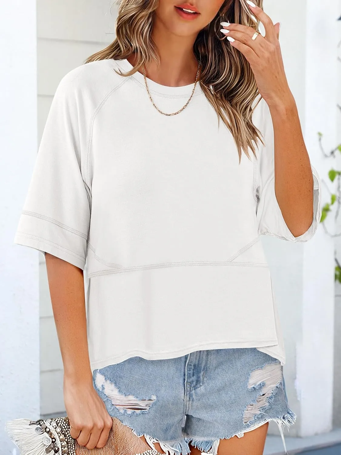 ANRABESS Womens Tops Crewneck Half Sleeve Loose Fit T Shirts Solid Cute Flowy Shirts Summer Casual Tees 2025 Trendy Outfits