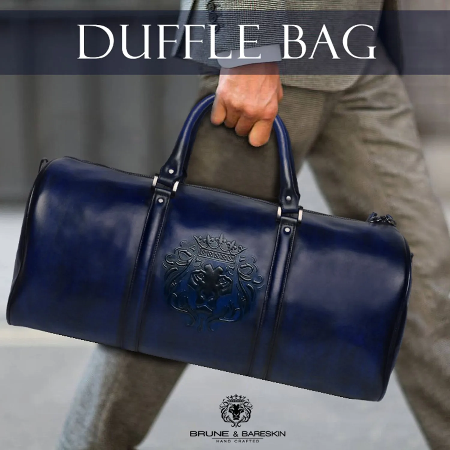 Brune X Bareskin Embossed Lion Blue Leather Duffle Bag