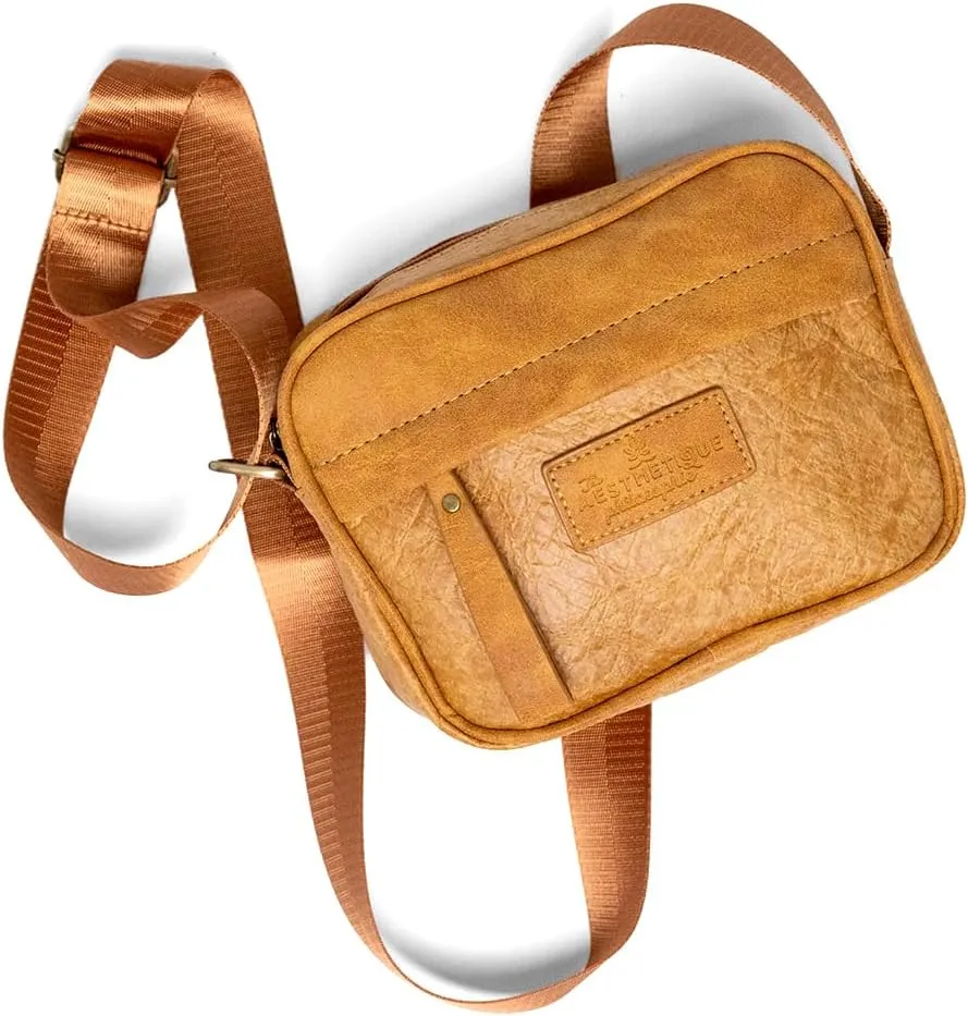 Caramel Brown Tyvek & Vegan Leather Crossbody Purse Satchel Messenger Bag with Copper Colored Strap