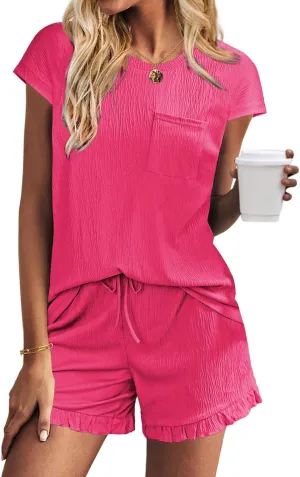 Ekouaer Womens Pajama Set Cap Sleeve Tops and Ruffle Shorts Lounge Set 2 Piece Pj Sets Casual Sleepwear with Pockets