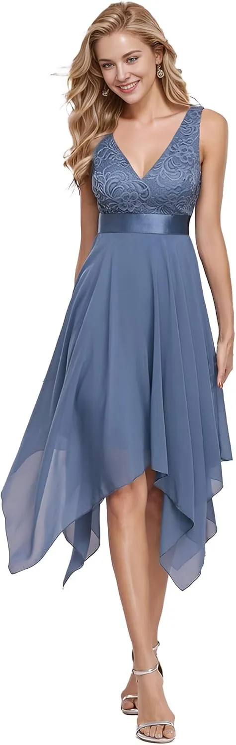 Ever-Pretty Women's Sexy V Neck Empire Waist Sleeveless Lace Chiffon Hi-Lo Cocktail Dress 00207-PH