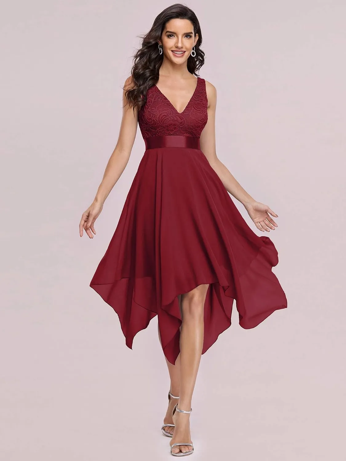 Ever-Pretty Women's Sexy V Neck Empire Waist Sleeveless Lace Chiffon Hi-Lo Cocktail Dress 00207-PH