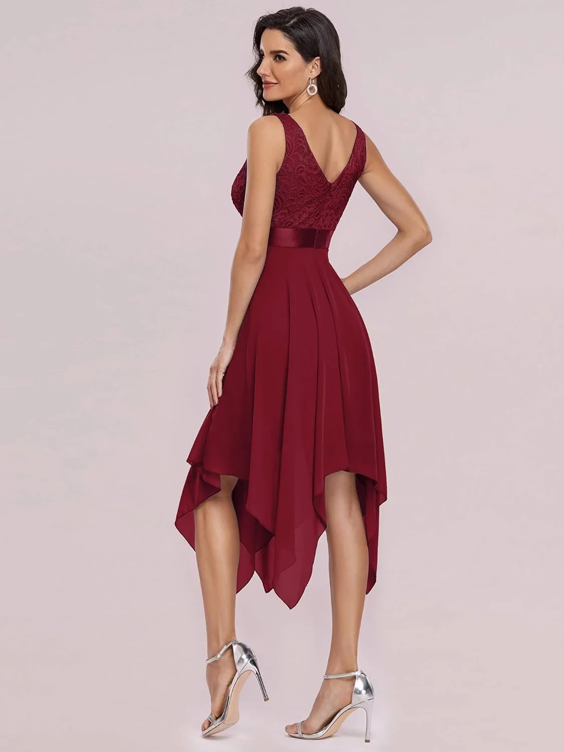 Ever-Pretty Women's Sexy V Neck Empire Waist Sleeveless Lace Chiffon Hi-Lo Cocktail Dress 00207-PH