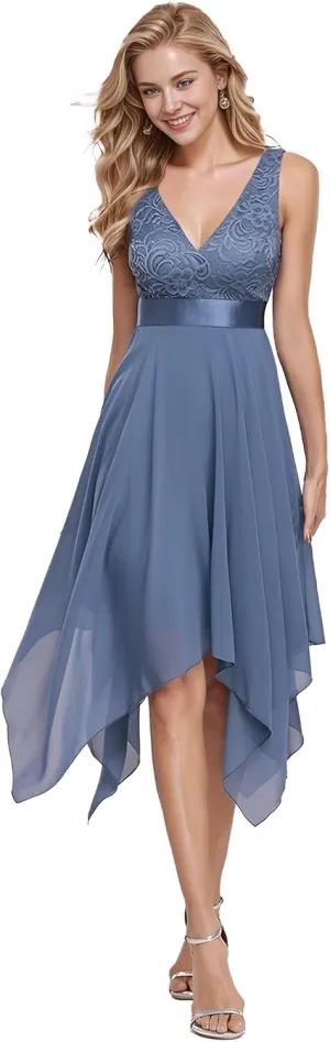 Ever-Pretty Women's Sexy V Neck Empire Waist Sleeveless Lace Chiffon Hi-Lo Cocktail Dress 00207-PH