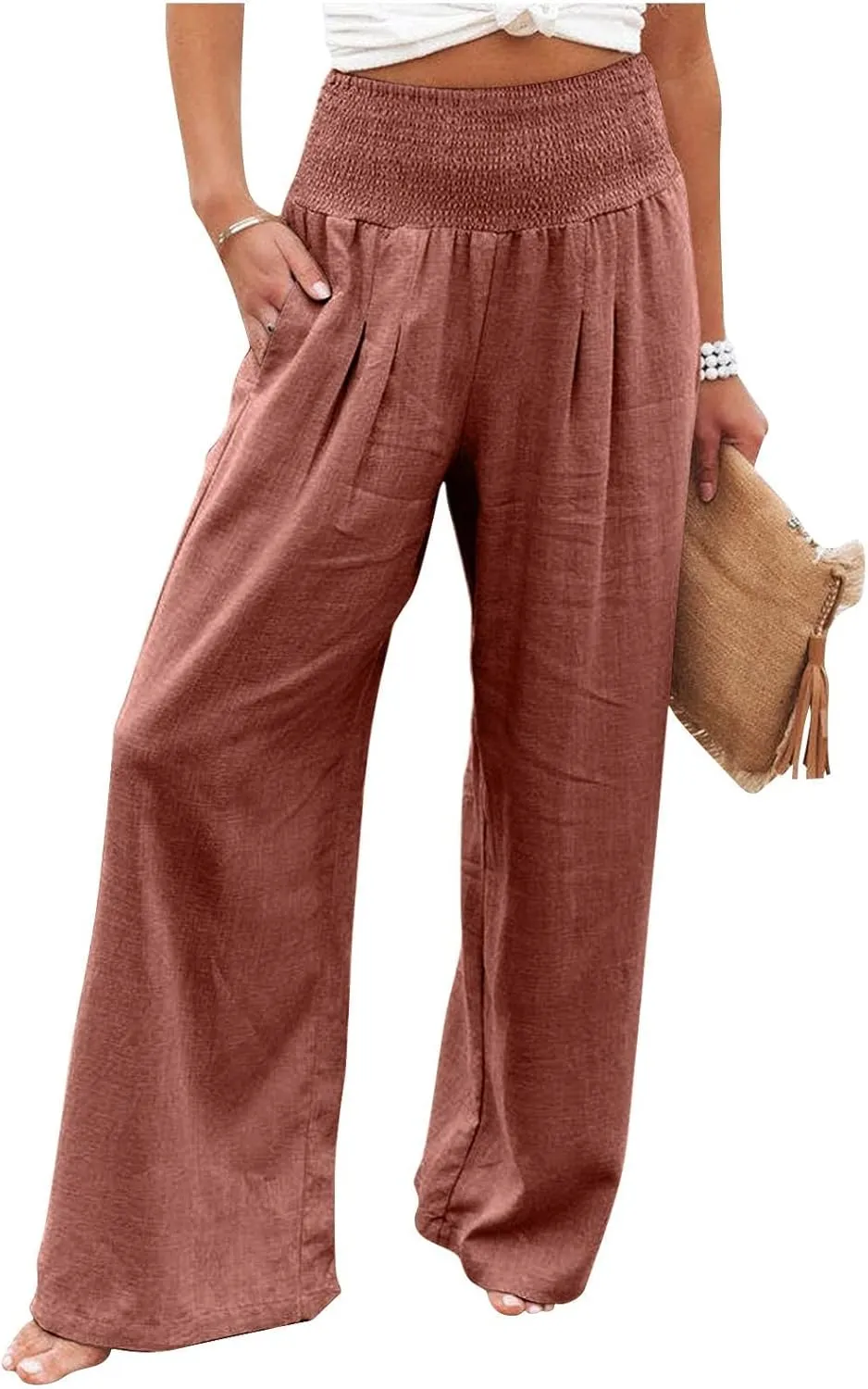 Fall Linen Pants for Women Summer Wide Leg High Waisted Pants Casual Elastic Waist Palazzo Pants with Pockets