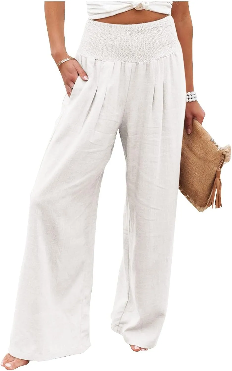 Fall Linen Pants for Women Summer Wide Leg High Waisted Pants Casual Elastic Waist Palazzo Pants with Pockets