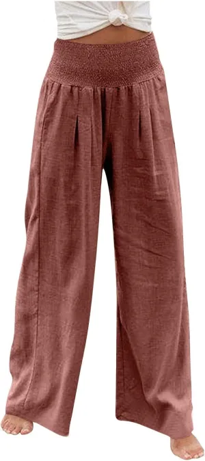 Fall Linen Pants for Women Summer Wide Leg High Waisted Pants Casual Elastic Waist Palazzo Pants with Pockets