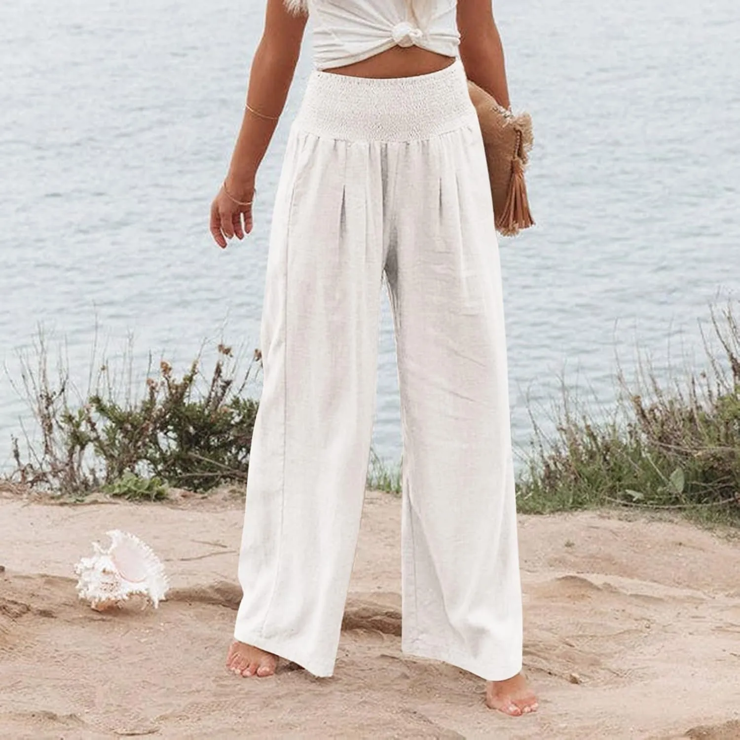 Fall Linen Pants for Women Summer Wide Leg High Waisted Pants Casual Elastic Waist Palazzo Pants with Pockets