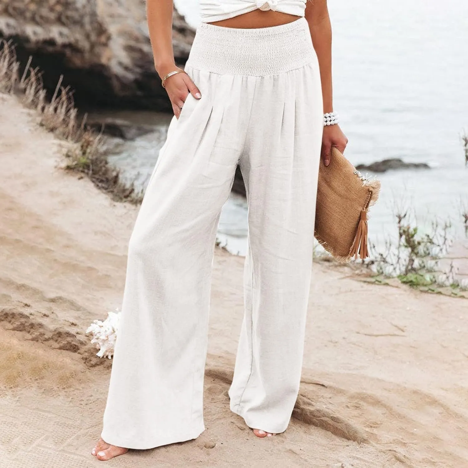 Fall Linen Pants for Women Summer Wide Leg High Waisted Pants Casual Elastic Waist Palazzo Pants with Pockets