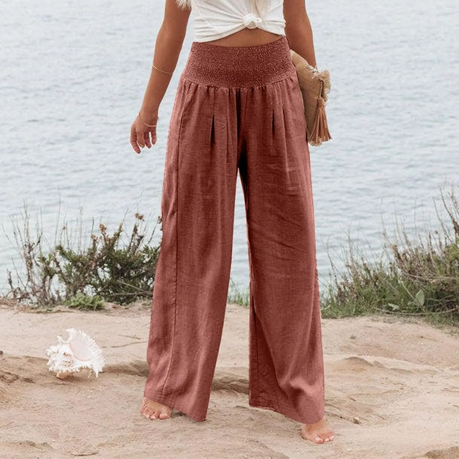 Fall Linen Pants for Women Summer Wide Leg High Waisted Pants Casual Elastic Waist Palazzo Pants with Pockets