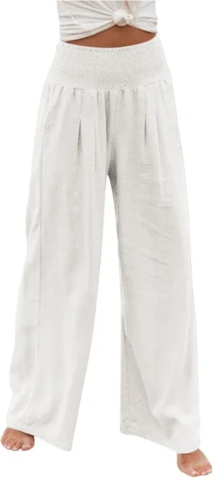 Fall Linen Pants for Women Summer Wide Leg High Waisted Pants Casual Elastic Waist Palazzo Pants with Pockets