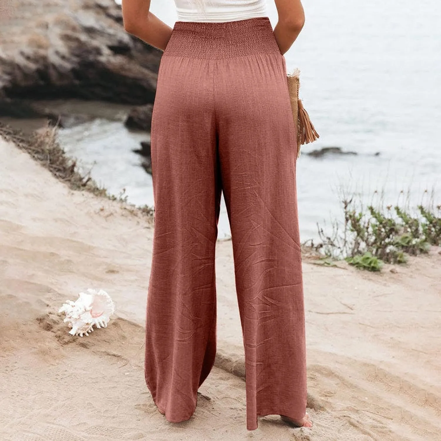 Fall Linen Pants for Women Summer Wide Leg High Waisted Pants Casual Elastic Waist Palazzo Pants with Pockets