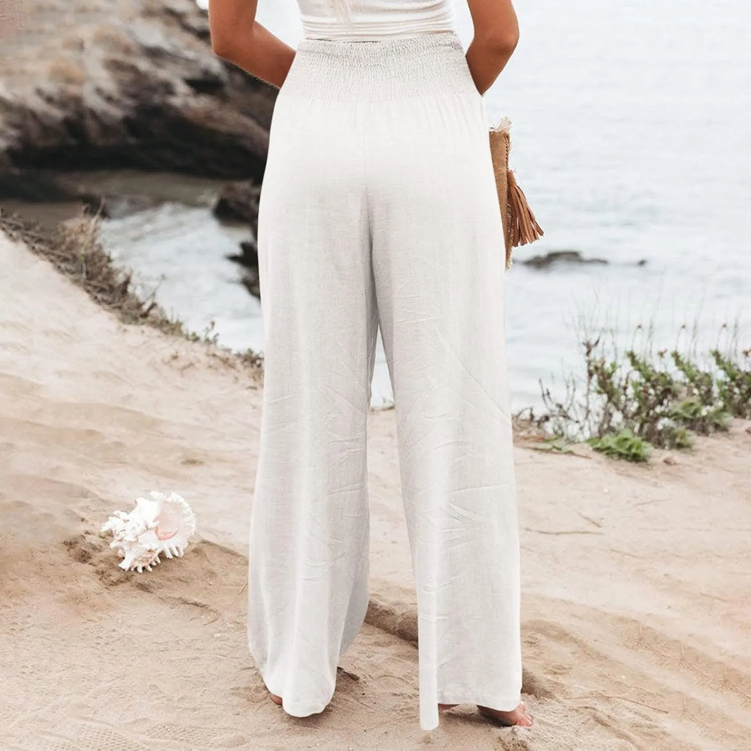 Fall Linen Pants for Women Summer Wide Leg High Waisted Pants Casual Elastic Waist Palazzo Pants with Pockets
