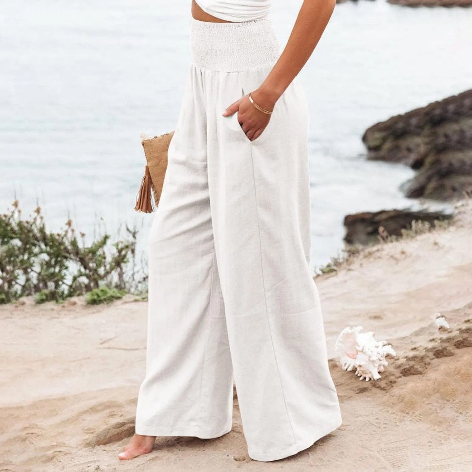 Fall Linen Pants for Women Summer Wide Leg High Waisted Pants Casual Elastic Waist Palazzo Pants with Pockets