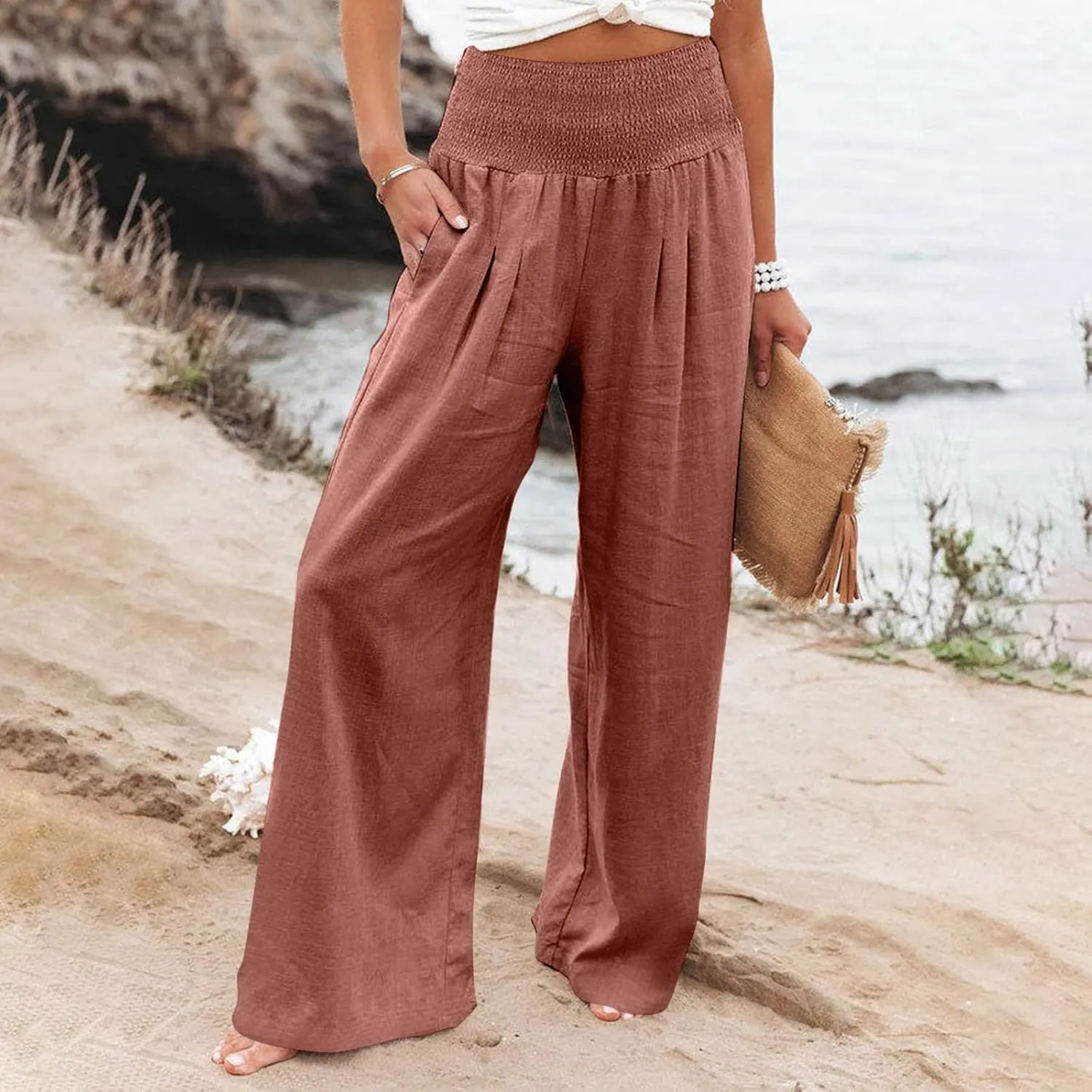Fall Linen Pants for Women Summer Wide Leg High Waisted Pants Casual Elastic Waist Palazzo Pants with Pockets