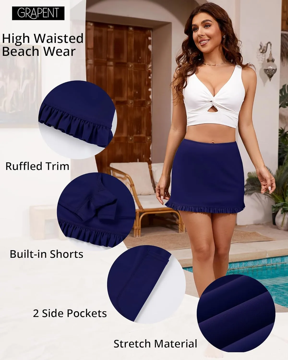 GRAPENT Women's Swim Skirt High Waisted Bikini Tankini Bathing Suits Boyshort Bottoms Ruffle Swimsuit Skirts with Pocket
