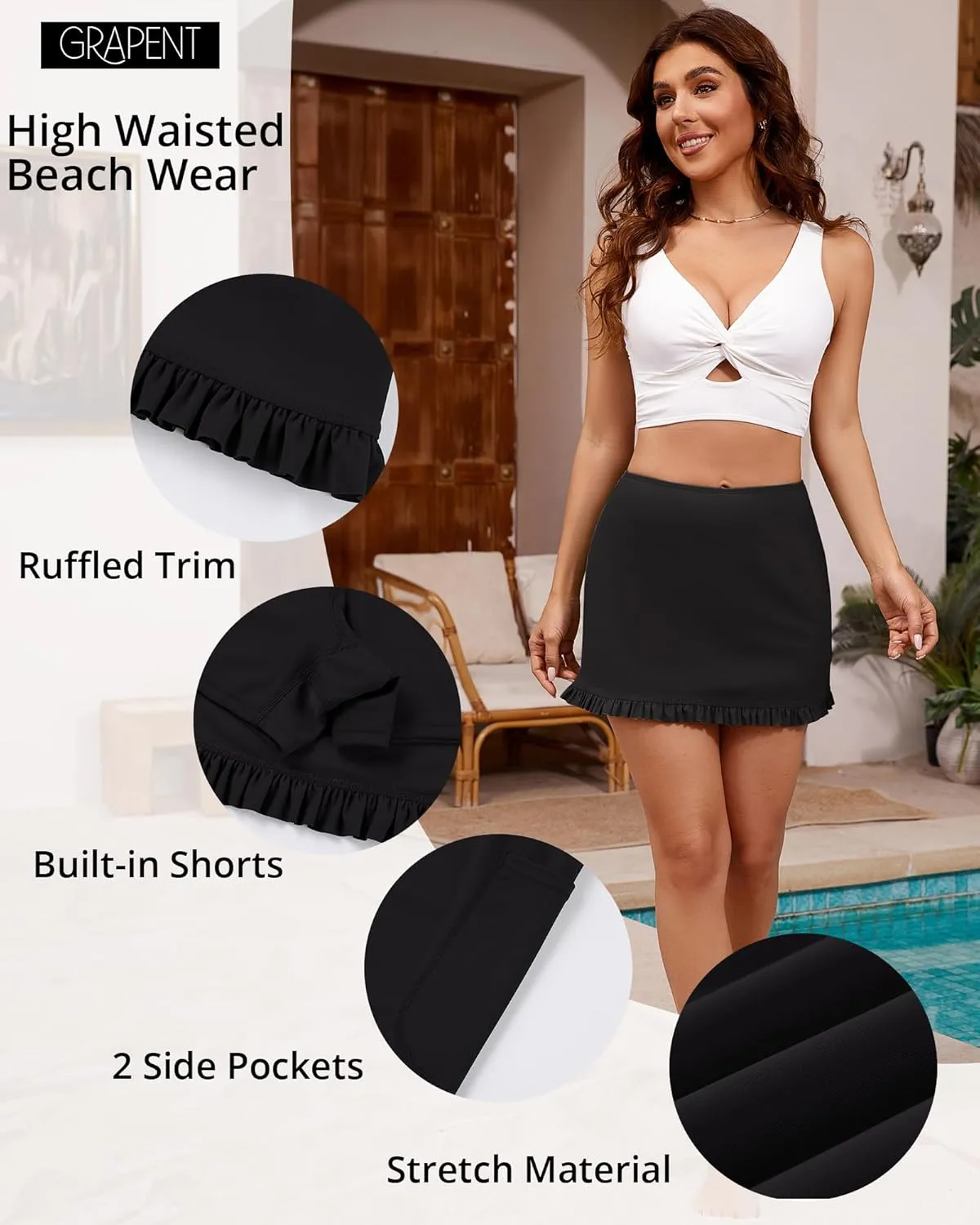 GRAPENT Women's Swim Skirt High Waisted Bikini Tankini Bathing Suits Boyshort Bottoms Ruffle Swimsuit Skirts with Pocket