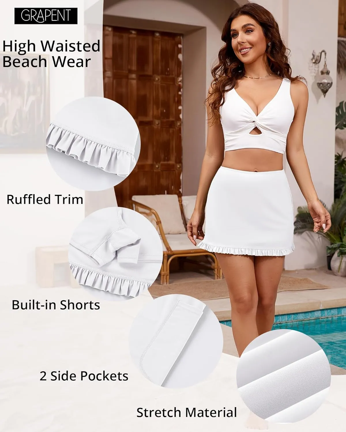 GRAPENT Women's Swim Skirt High Waisted Bikini Tankini Bathing Suits Boyshort Bottoms Ruffle Swimsuit Skirts with Pocket