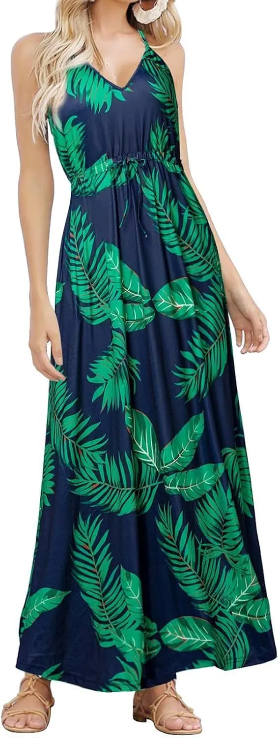 HUSKARY Womens Summer Sleeveless V Neck Spaghetti Strap Pockets Beach Boho Vacation Casual Spring Maxi Dress