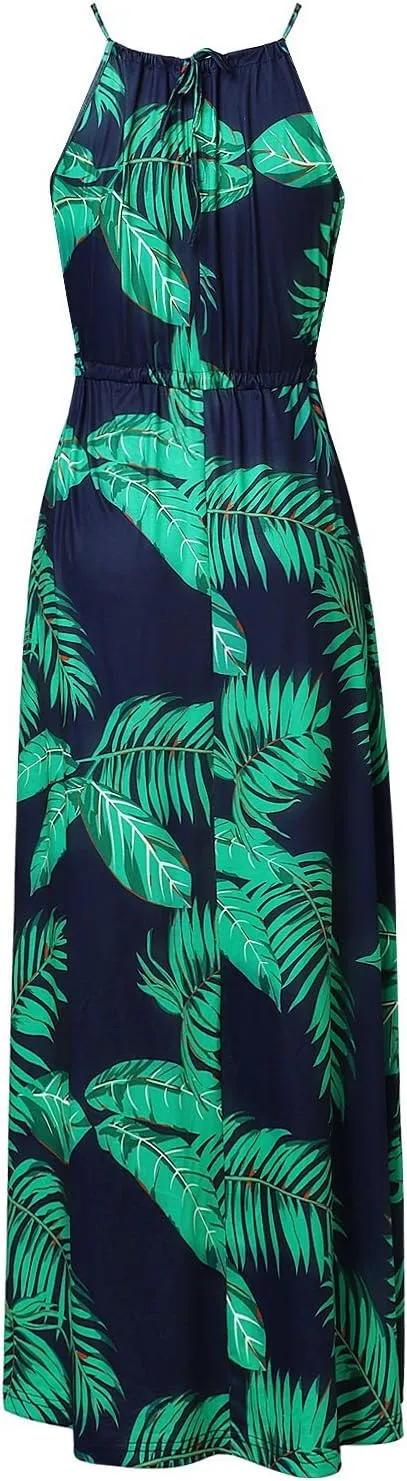 HUSKARY Womens Summer Sleeveless V Neck Spaghetti Strap Pockets Beach Boho Vacation Casual Spring Maxi Dress