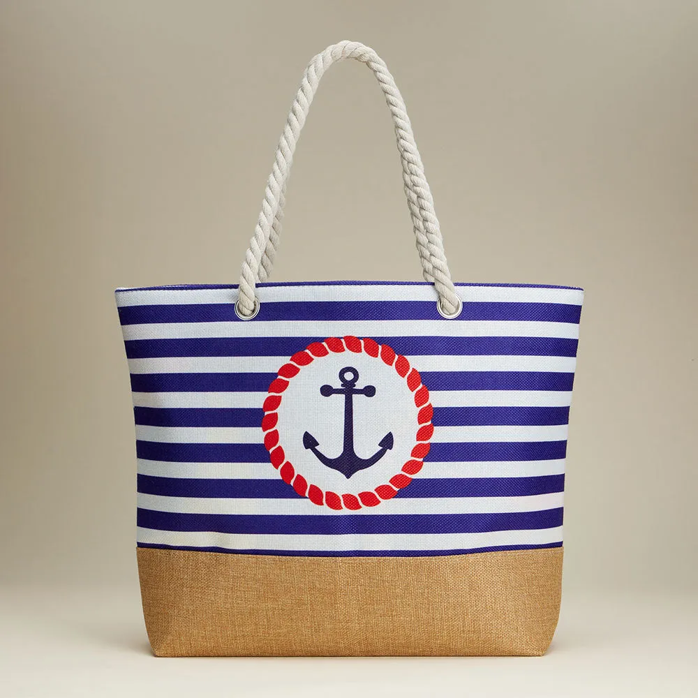 iLLASPARKZ Anchor Printed Striped Rope Handle Beach Tote Bag