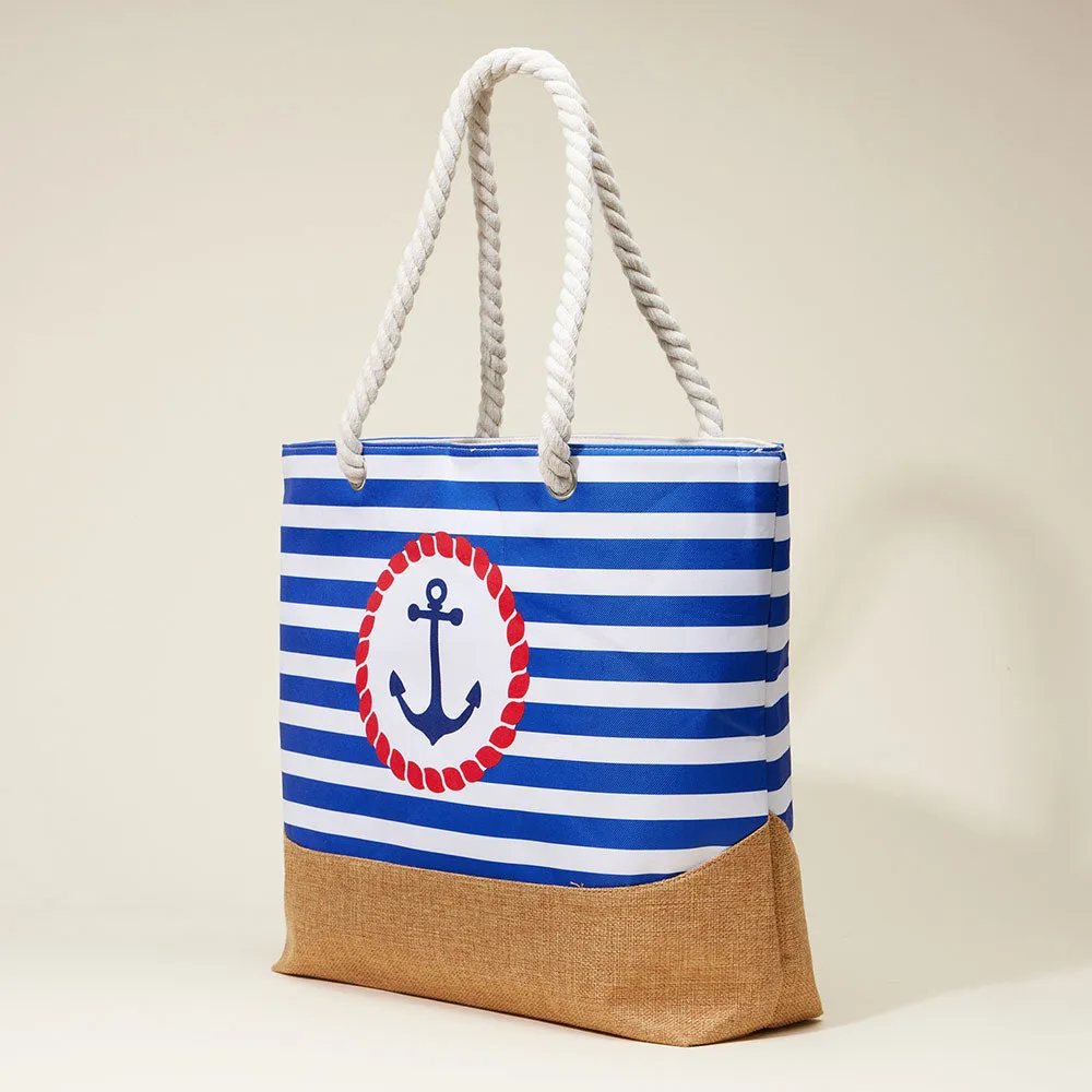 iLLASPARKZ Anchor Printed Striped Rope Handle Beach Tote Bag