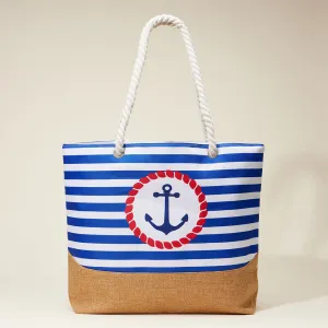 iLLASPARKZ Anchor Printed Striped Rope Handle Beach Tote Bag