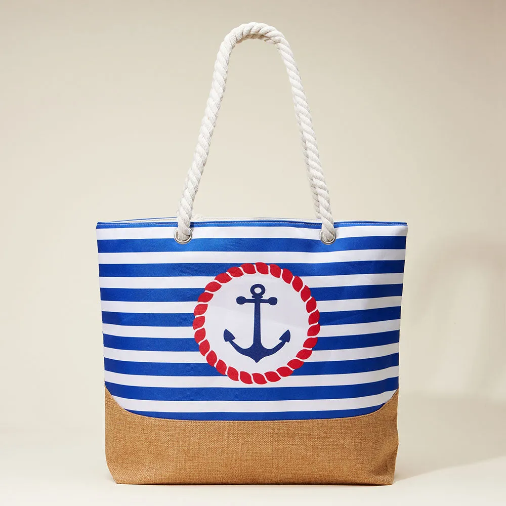 iLLASPARKZ Anchor Printed Striped Rope Handle Beach Tote Bag