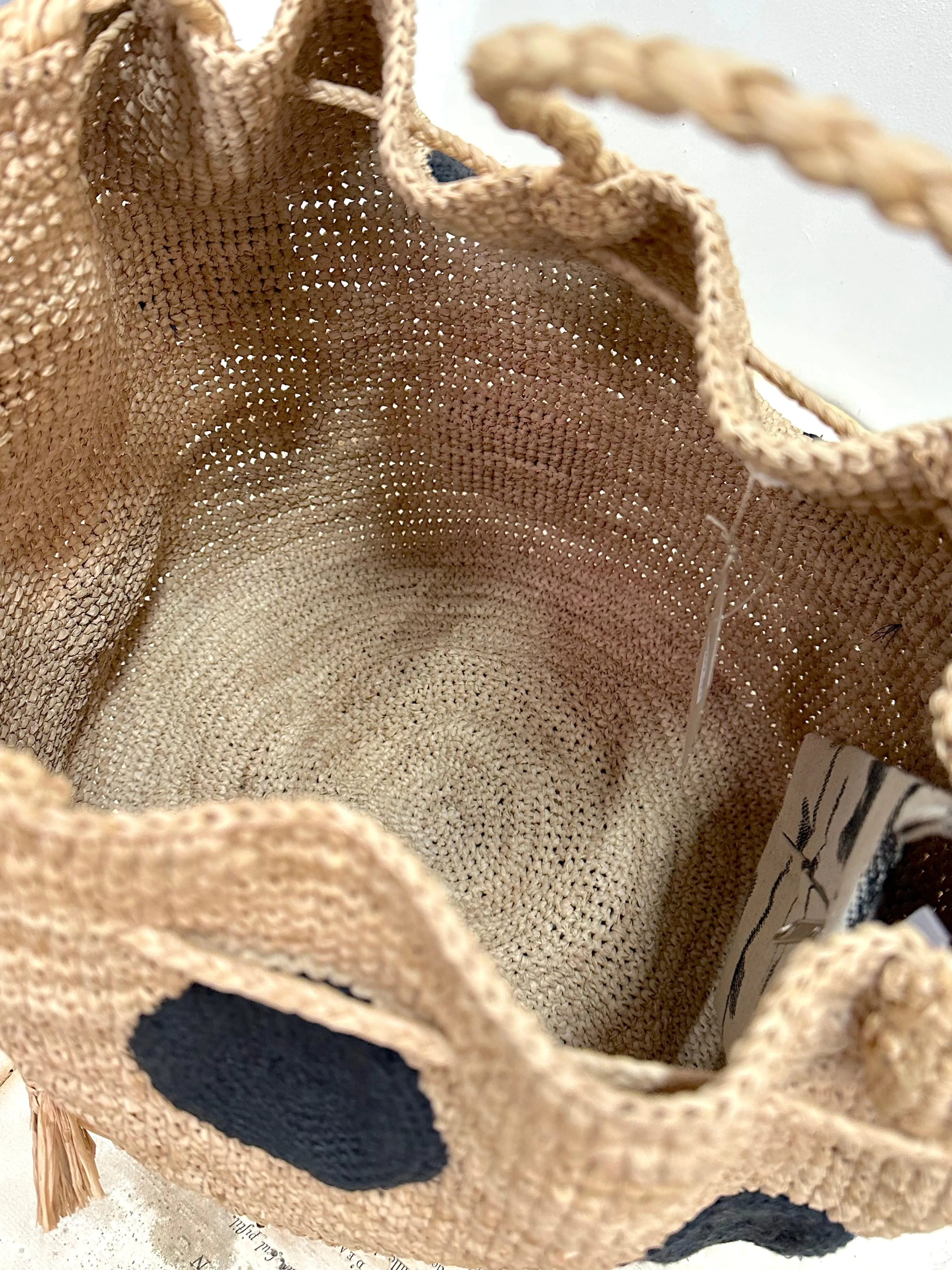 Large Raffia Bag With Large Black Spots And Shoulder Strap