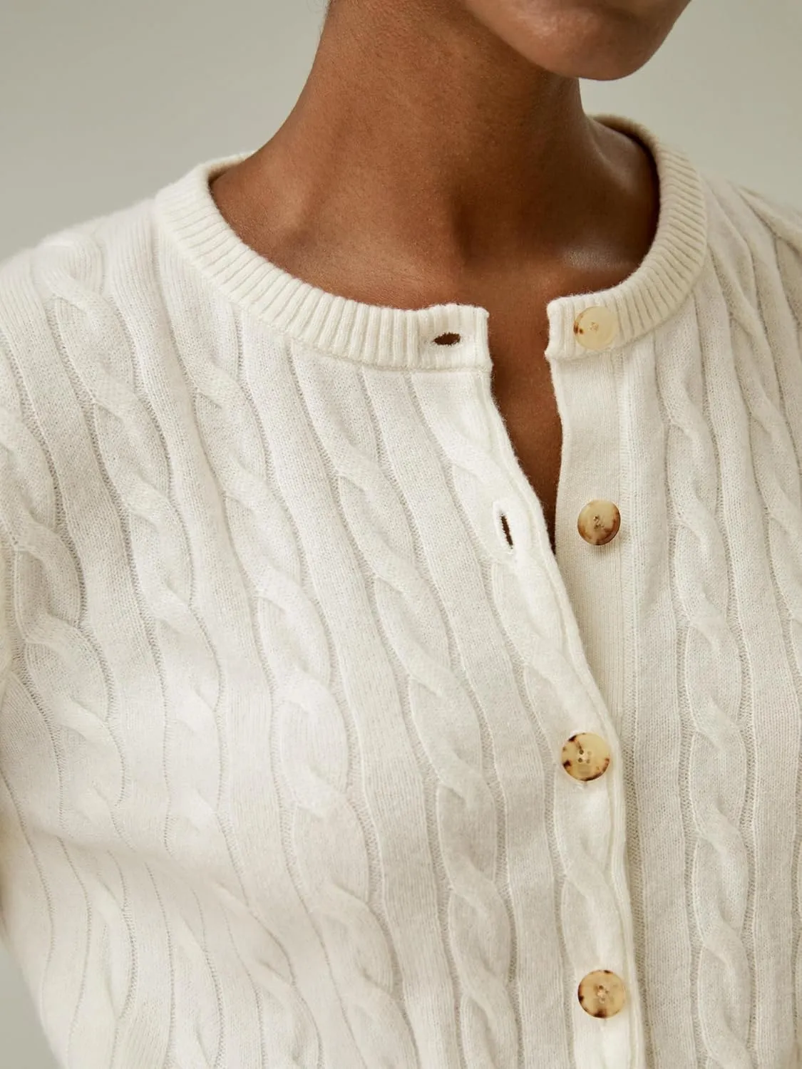 LilySilk 100% Cashmere Crewneck Cardigan Sweater for Women Long Sleeves Cable-Knit Buttoned Placket