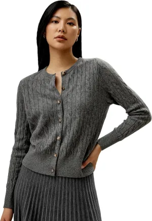 LilySilk 100% Cashmere Crewneck Cardigan Sweater for Women Long Sleeves Cable-Knit Buttoned Placket