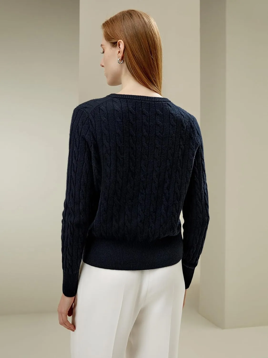 LilySilk 100% Cashmere Crewneck Cardigan Sweater for Women Long Sleeves Cable-Knit Buttoned Placket