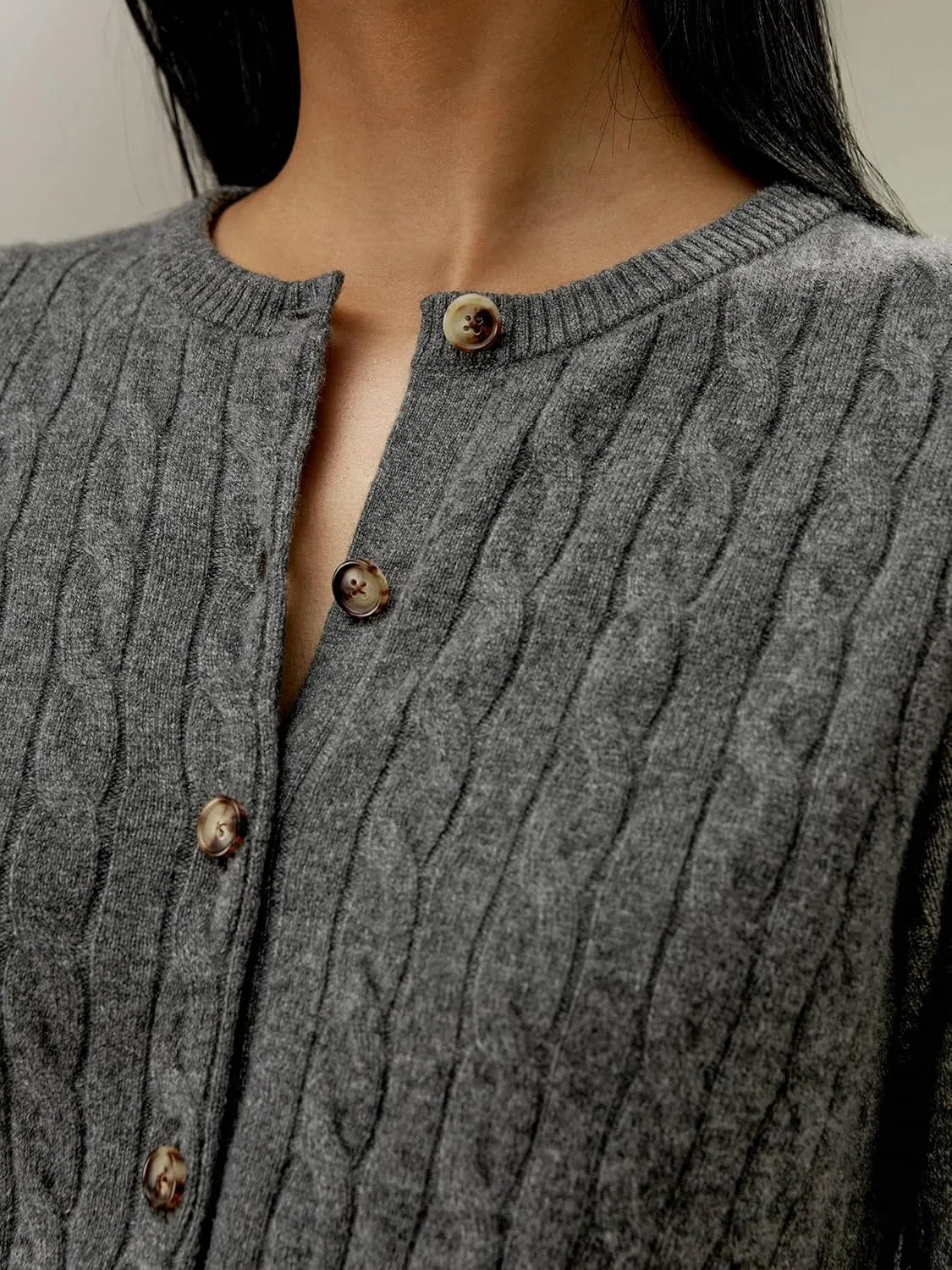 LilySilk 100% Cashmere Crewneck Cardigan Sweater for Women Long Sleeves Cable-Knit Buttoned Placket