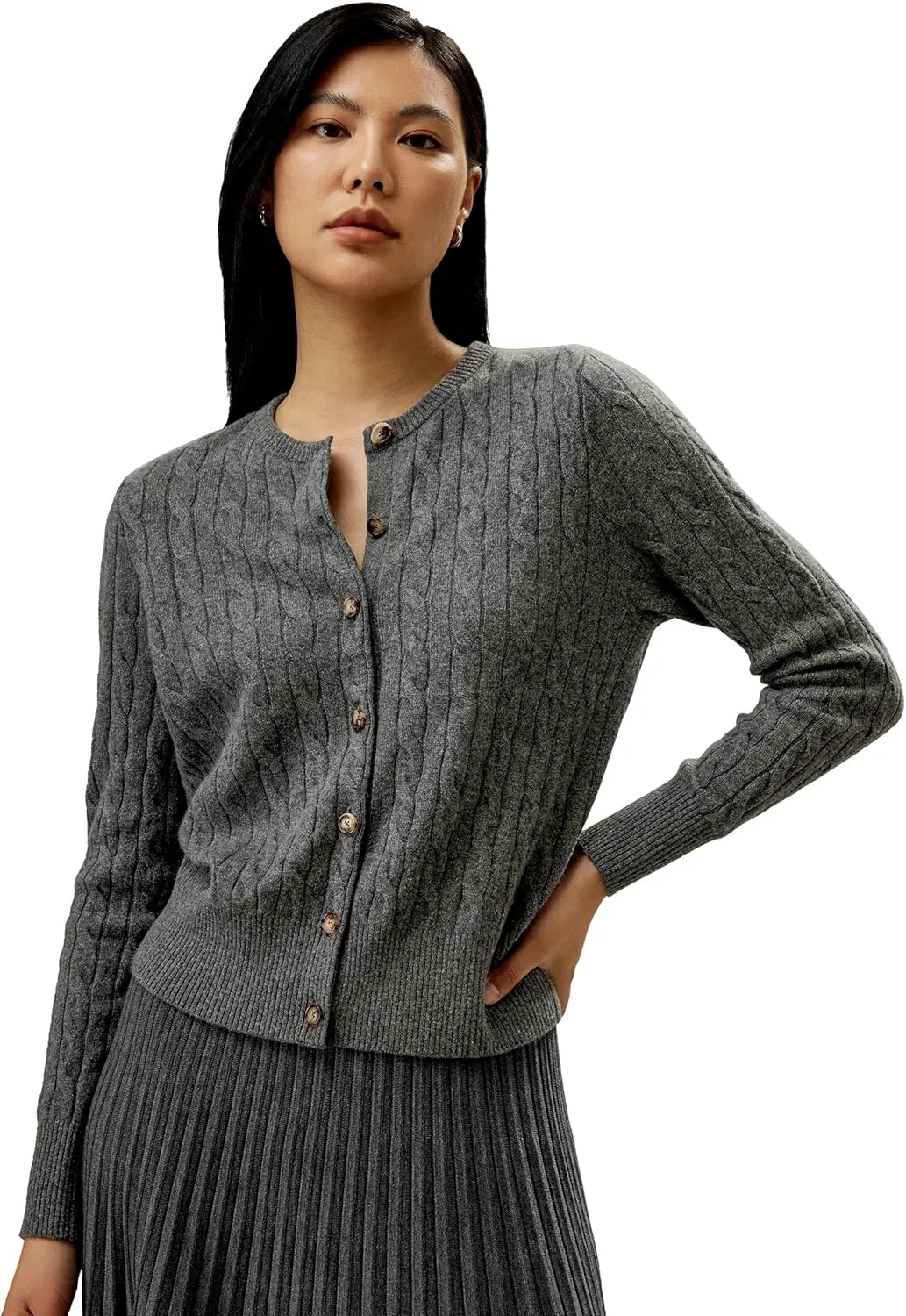 LilySilk 100% Cashmere Crewneck Cardigan Sweater for Women Long Sleeves Cable-Knit Buttoned Placket