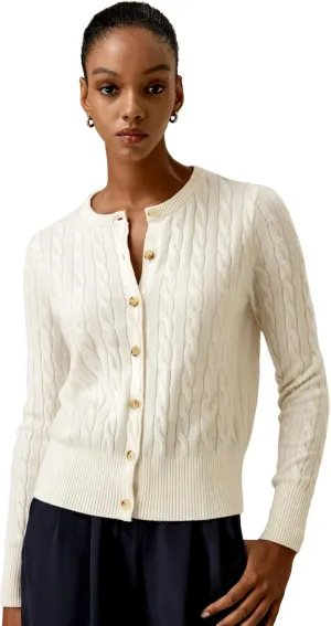 LilySilk 100% Cashmere Crewneck Cardigan Sweater for Women Long Sleeves Cable-Knit Buttoned Placket