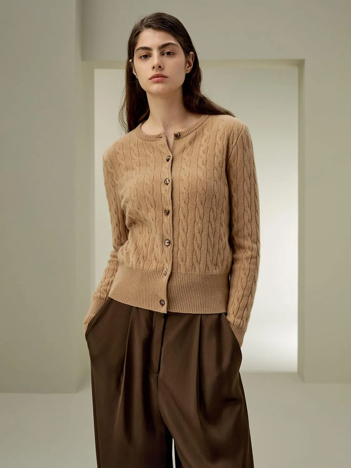 LilySilk 100% Cashmere Crewneck Cardigan Sweater for Women Long Sleeves Cable-Knit Buttoned Placket